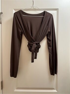 Latched Mama Brown Long-Sleeve Wrap Top with Front Tie